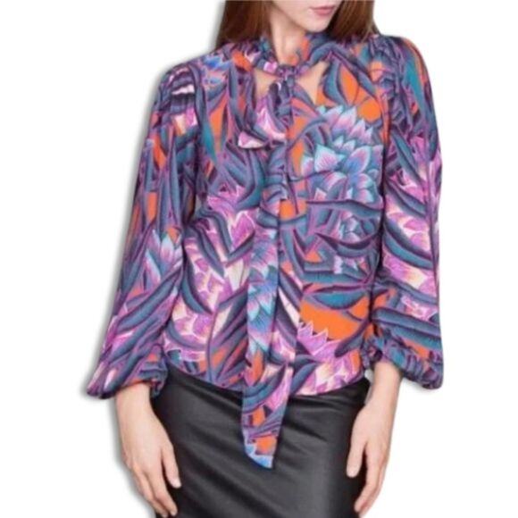 Mara Hoffman Blouse Bishop Sleeve Tie V-Neck Long Sleeve Multicolor W Small - Picture 1 of 8